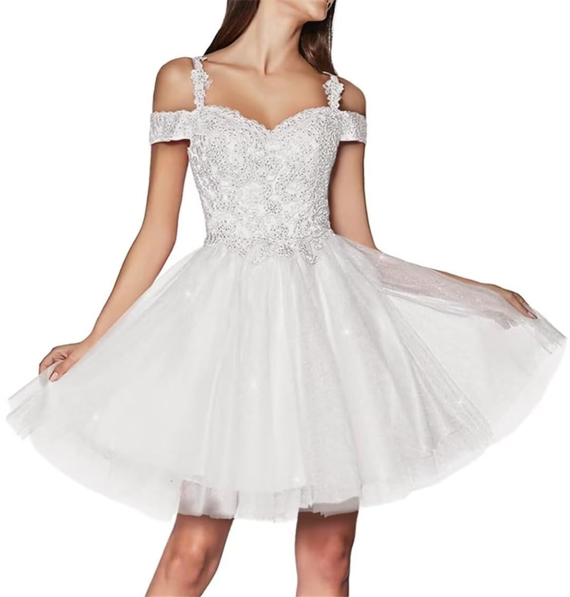 KURFACE Tulle Homecoming Dress White for Juniors Cold Shoulder A Line Lace Applique Prom Dress Knee Length Short Ball Gown UK20