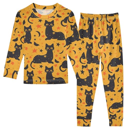 Fustylead Halloween Cute Black Cat and Bats Star Moon Pajamas Cotton Sleepover PJ Set Long Sleeve Lounge Wear