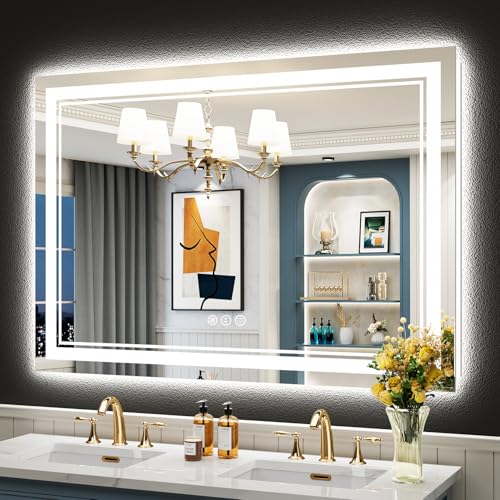 Image of 50x36 LED Bathroom Mirror with Lights, Backlit and Front Lit Anti-Fog Lighted Vanity Mirrors for Bathroom Wall, Dimmable, 3-Color Light, Memory, Shatter-Proof, HD Tempered Glass, CRI>90