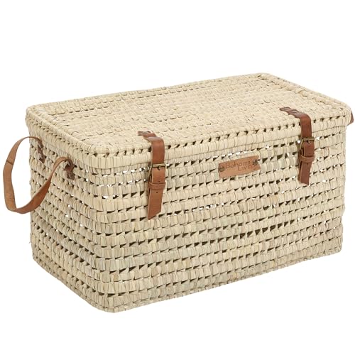 Bohome Living - Coffre de Rangement en Feuilles de Palmier et cuir, Malle à Jouets, Panier Rangement Salon (60cm)