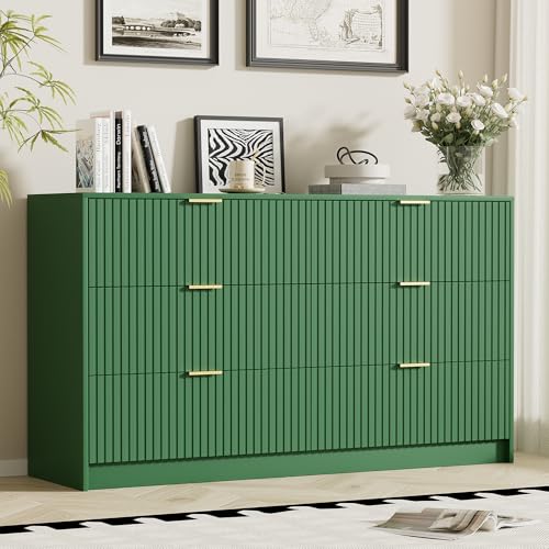 Image of Furniway Green Dresser Bedroom Set 3 Pieces, Nightstands Sets of 2, 6 Drawer Dresser with Gold Handles for Bedroom