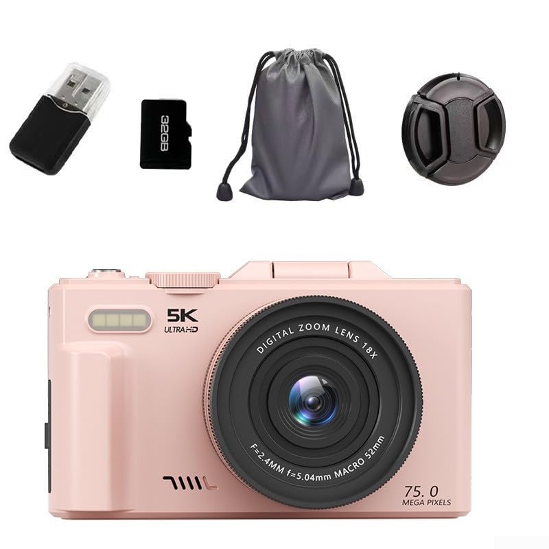 Appareil photo numérique HD 5K avec capteur 75 Mpx, zoom numérique 18x, autofocus de 7,6 cm, corps en métal, connectivité WiFi pour voyage, vlogging et réseaux sociaux, noir (rose, 32 Go)