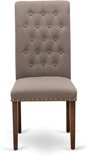 Miniatura 4 de East West Furniture BRP3T18 Bremond Parson - Juego de 2 sillas de cocina con botones y ribete copetudo, tela de lino marrón, acolchadas, color caoba