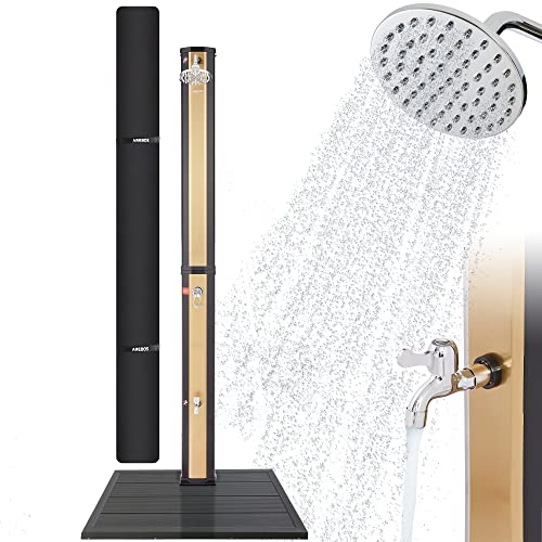 AREBOS Douche Solaire 35 L | avec douchette & thermomètre | température de l'eau jusqu'à 60°C Douche de Piscine Camping | pommeau de Douche Rond | INCL. Capot & Plaque de Fond en Anthracite