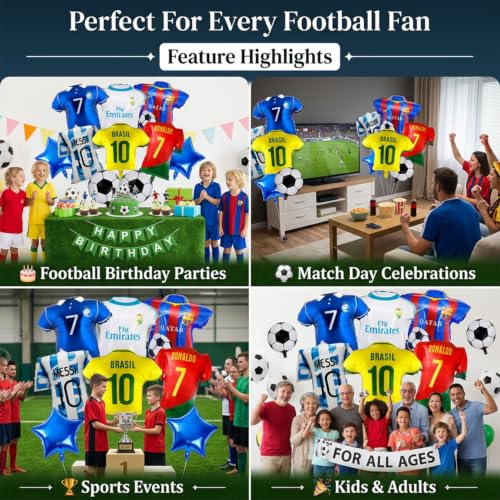 Image of Atpata Funky Football Lovers Foil Balloons Kit - 6pcs Jersey Shape Balloons with Football & Star Balloons for Soccer Birthday Kickoff, Match Day Decor & Sports Fan Celebration Supplies