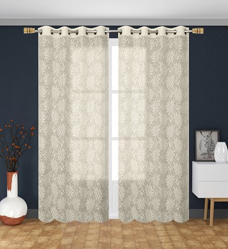 Image of Fabrilia Floral Net Semi Sheer Grommet Curtains for Living Room /Bedroom, 7 feet Door, Cream, Set of 2