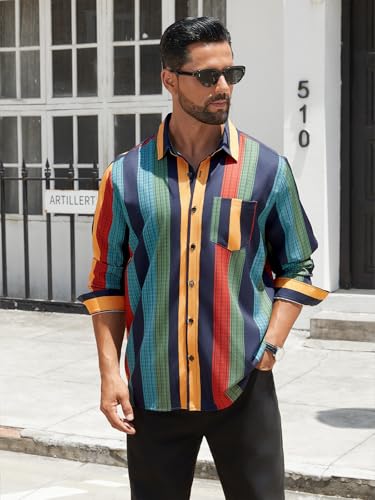 Hardaddy Men's Hawaiian Shirt Long Sleeve Striped Beach Casual Button Down Shirts with Pocket Multicolor XL2