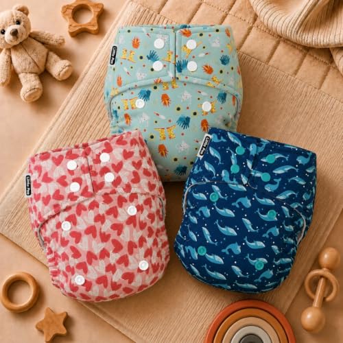 Image of Little Pea Adjustable Cloth Diaper for Babies (3 Months-3 Years) | Leak-Proof, Washable & Reusable | Includes 3 Diaper + 3 Absorbent Pad | Free Size (5-18 kg) | Pack of 3