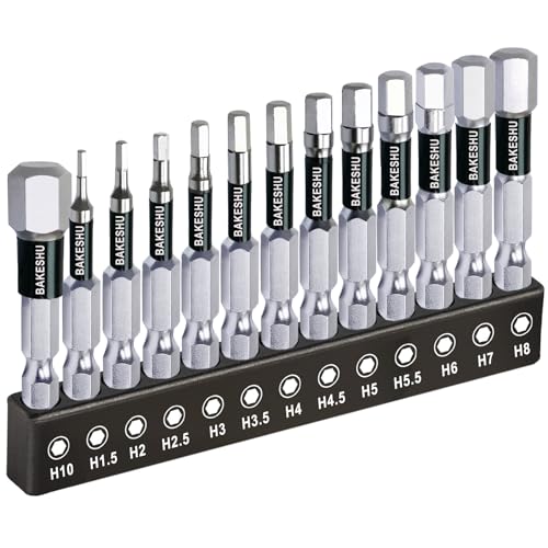 BAKESHU 13pcs Impact Hex Bit Set H1.5-H10 Magnetic Allen Key Drill Bit Set 50mm Long S2 Bits with Storage Box (Metric)