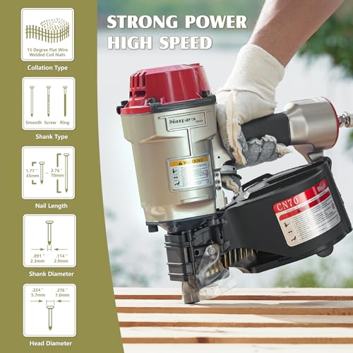 Image of Maxparts Coil Nailer CN70, 1-3 /4-Inch to 2-3 /4-Inch Pneumatic Siding Nailer
