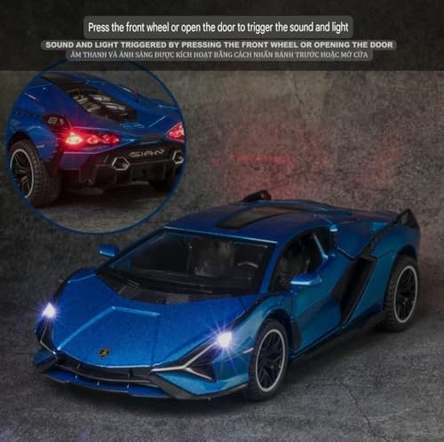 Image of Advisian store 1:24 Lamborghini Sian Die-cast Metal Toy Model Car Pull Back car Super car with Openable Doors with Sound and Light for Gifts Toys for Kids (1:24 Lamborghini Sian - Blue)