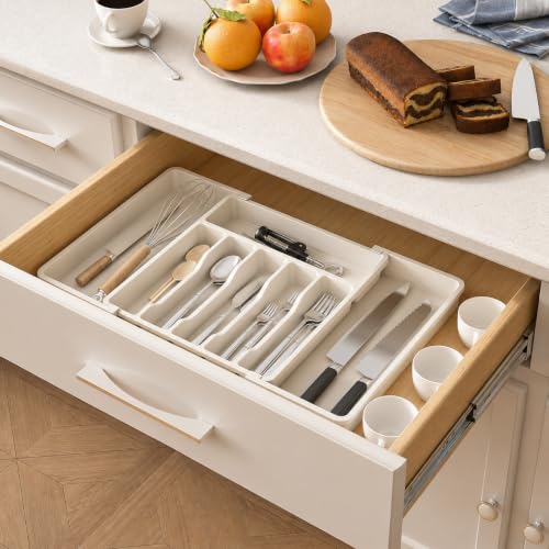 Image of Large Silverware Drawer Organizer, Expandable Utensil Tray for Kitchen, BPA Free Flatware and Cutlery Holder, Adjustable Plastic Storage for Spoons Forks Knives, White, Pack of 2