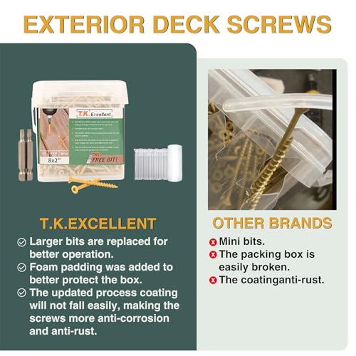Image of T.K.Excellent Deck Screws 2 Inch Wood Screws #8 x 2, 630 Pcs, Rust Resistant Structural Screws Tan Exterior Fence Screws Torx Drive Screws, Two T20 Bits, Brilliant Yellow Ruspert Coating Rust Proof