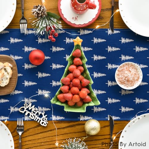 Image of Artoid Mode Blue Xmas Tree Christmas Table Runner, Seasonal Winter Kitchen Dining Table Decoration for Home Party Decor 13x72 Inch
