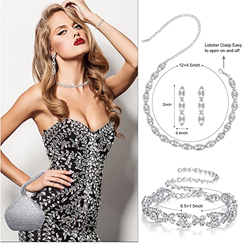 MTLEE 4 Pieces Rhinestone Necklace Choker Bracelet Earring Clutch Purses Jewelry Set Women Crystal Triangle Bling Diamond Purse Rhinestone Bag for Wedding Party4