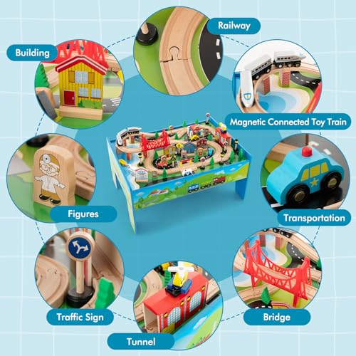 Honey Joy TM10051 Train Table, Wooden Kids Activity Table W/ 80 Multicolor Pieces, Tracks, Trains, Cars, Toddler Toy Train Table Set W/Reversible Tabletop thumb #2