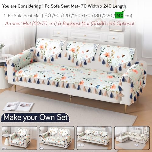 Image of HOKIPO Printed Holland Velvet Sofa Cover with Tassel for 1 /2 /3 Seater & L Shape Sofa | Make Your Own Set, 'Whispers of Nature' Sofa Mat, 70(W) x 240(L) cm, Pastel Butterfly Meadow (IN-1124-D2)