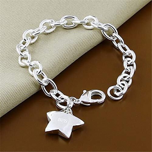 Plata De Ley Pulseras para Mujer,Vintage De Maciza Hecha A Mano Pulida Estrella Colgante Brazalete Ajustable Brillante Moda Señoras Joyería Regalo para Pareja De Cumpleaños