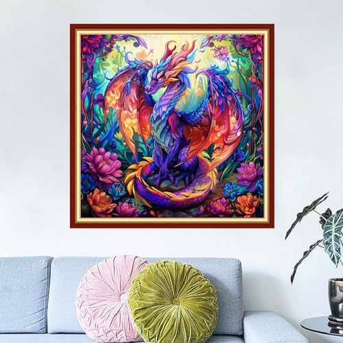 Image of Dimensean Stamped Cross Stitch Kits Full Range of Embroidery Patterns Starter Kits for Beginners Adult DIY Cross Stitches Needlepoint Kits 11CT-Colorful Dragon 18x18 inch