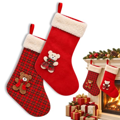 Calcetines Navidad, Calcetines Chimenea Papa Noel, Diseño Osos, 2 Unidades