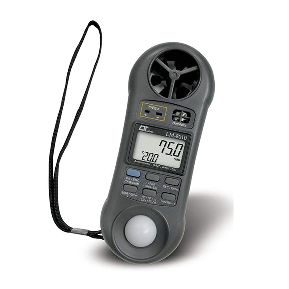 LM-8010 4 in 1, Anemometro con flusso d'aria (CMM, CFM) + Misuratore di umidità + Misuratore di luce + Termometro Industria HVAC, test ambientali, velocità del forno