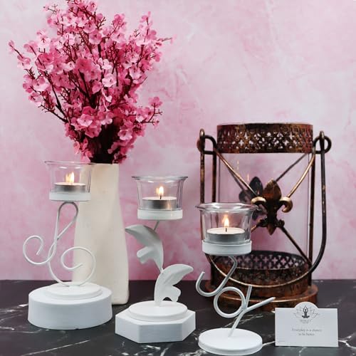 Image of Hosley Clear Glass Tealight Candle Holders|White Tealight Candle Holders with Glass Holders Perfect for Home Decor, Birthday,Wedding,Parties,Tabletop,Centerpiece| Pack of 3, with Pack of 3 Tealights
