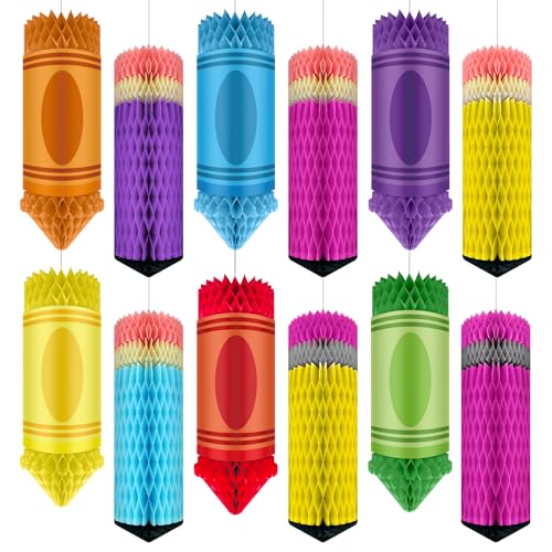 SNILOAW 12pcs Crayon Pencil Honeycomb Decorations Back to School First Day of School Preschool Kindergarten Decor Classroom Daycare Hanging Ceiling Decorations