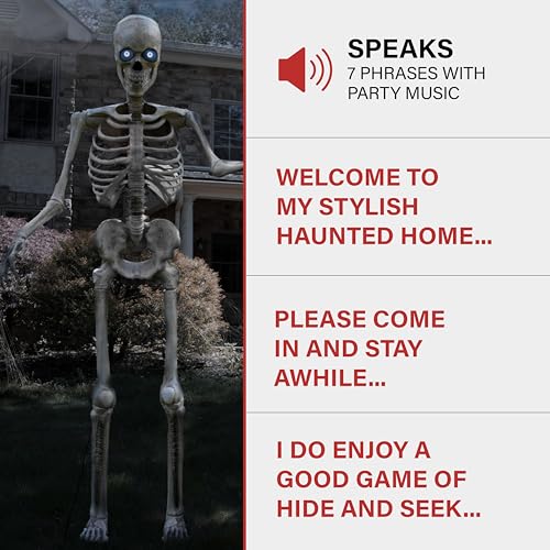 Haunted Hill Farm Motion-Activated 8-Ft. Tall Towering Skeleton, Plug-in Talking Scare Prop Animatronic for Indoor or Covered Outdoor Creepy Halloween Decoration