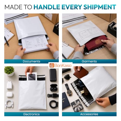Image of BonKaso 14x18 Inch Poly Courier Bags with POD | 55 Micron Tamper-Proof Self-Sealing Packaging Envelopes for Secure Shipping, Delivery & E-commerce Use - Waterproof - Pack of 100