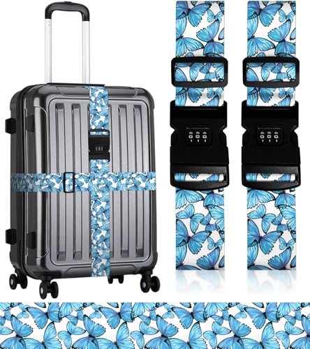 Image of Luggage Straps for Suitcases Travel Belt Luggage Band with Lock Heavy Duty Traveling Luggage Identifier Blue Buttrfly Cute Women Girls Unique Accesory Personalized