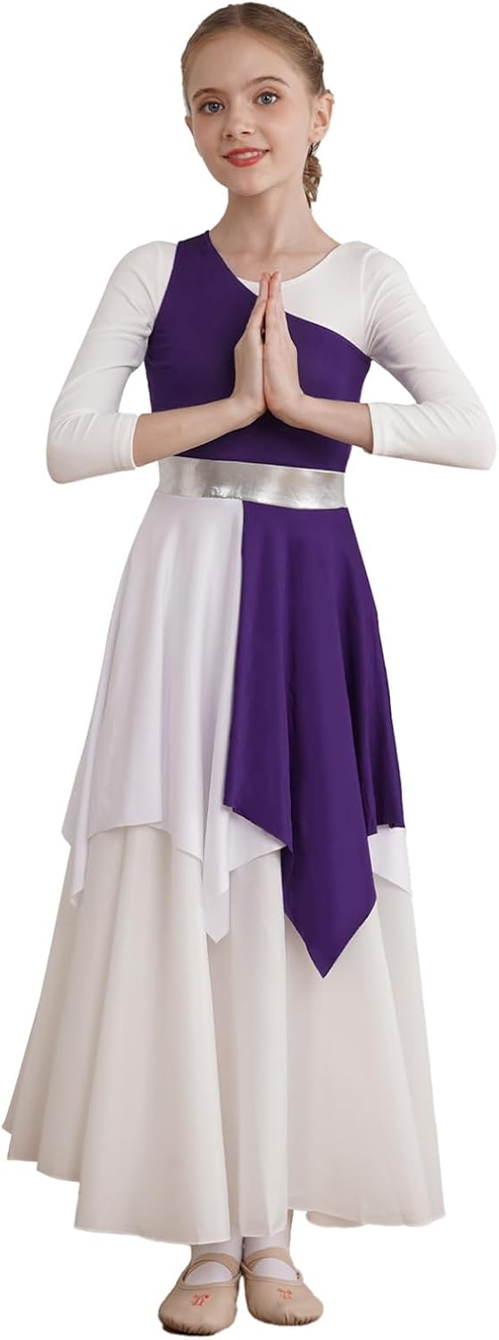 iiniim Kids Girls One Shoulder Asymmetrical Praise Dance Dress Color Block Lyrical Dance Liturgical Worship Church Dress