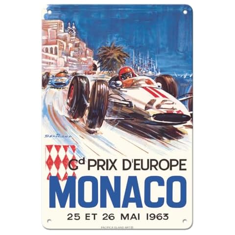 Pacifica Island Art Monaco Grand Prix Europe (Gd Prix D’Europe) - Formula One F1 - Vintage Car Racing Poster by Michel Beligond c.1963-8 x 12 inch Vintage Metal Tin Sign Cover