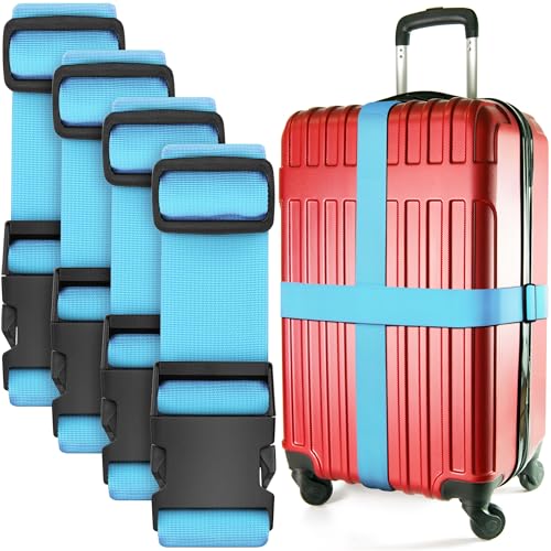 Image of Luggage Straps for Suitcases - Blue, 4 PK - Premium Nylon Belts for Luggage Security - Heavy-Duty w /Adjustable Length (46 inch-78 inch) for Suitcase, Briefcase, Backpack & Travel Bag - by BlueCosto