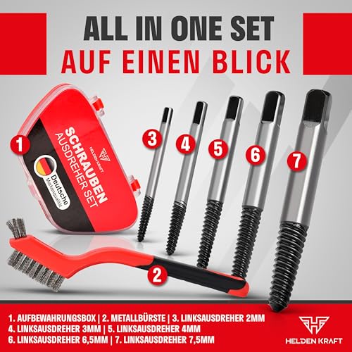 HELDENKRAFT® Schraubenausdreher Set [5 Größen inkl. Zubehör] - strapazierfähige Linksausdreher aus Stahl zum Entfernen beschädigter Schrauben - mit Aufbewahrungsbox & Stahlbürste