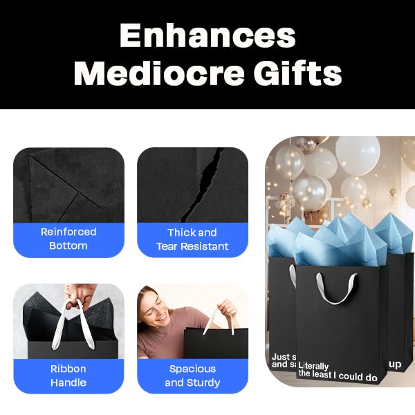 MilkToast Brands Funny Gift Bag Set of 5, 11" x 8" x 4", Bulk Pack of Black Kraft Paper Bags with Sarcastic Phrases for White Elephant Gifts, Christmas, Holidays, Office Parties, Father's Day