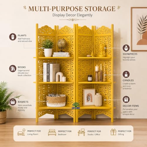 Image of Wooden Room Divider Partition with Display Shelves for Living Room | Foldable 4 Panel Decorative Privacy Screen Separator for Home, Office & Bedroom | Modern Gold Finish