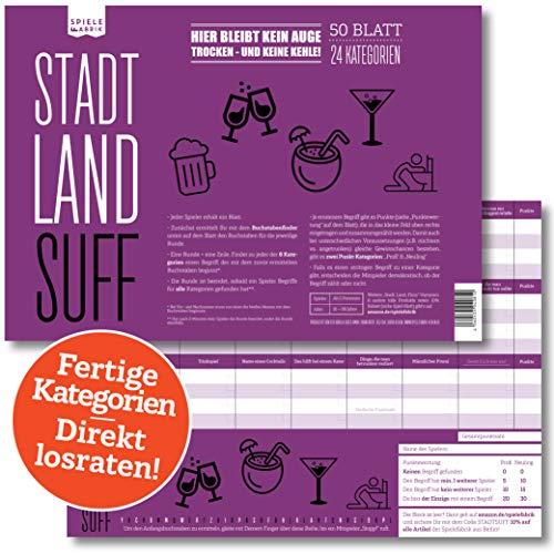 Stadt, Land, SUFF | Lustiges Ratespiel mit 24 feucht-fröhlichen Kategorien | Spiele-Klassiker 2.0 | Partyspiel | Reisespiel | Geschenk-Idee | JGA | DIN A4-Block | 50 Blatt Cover