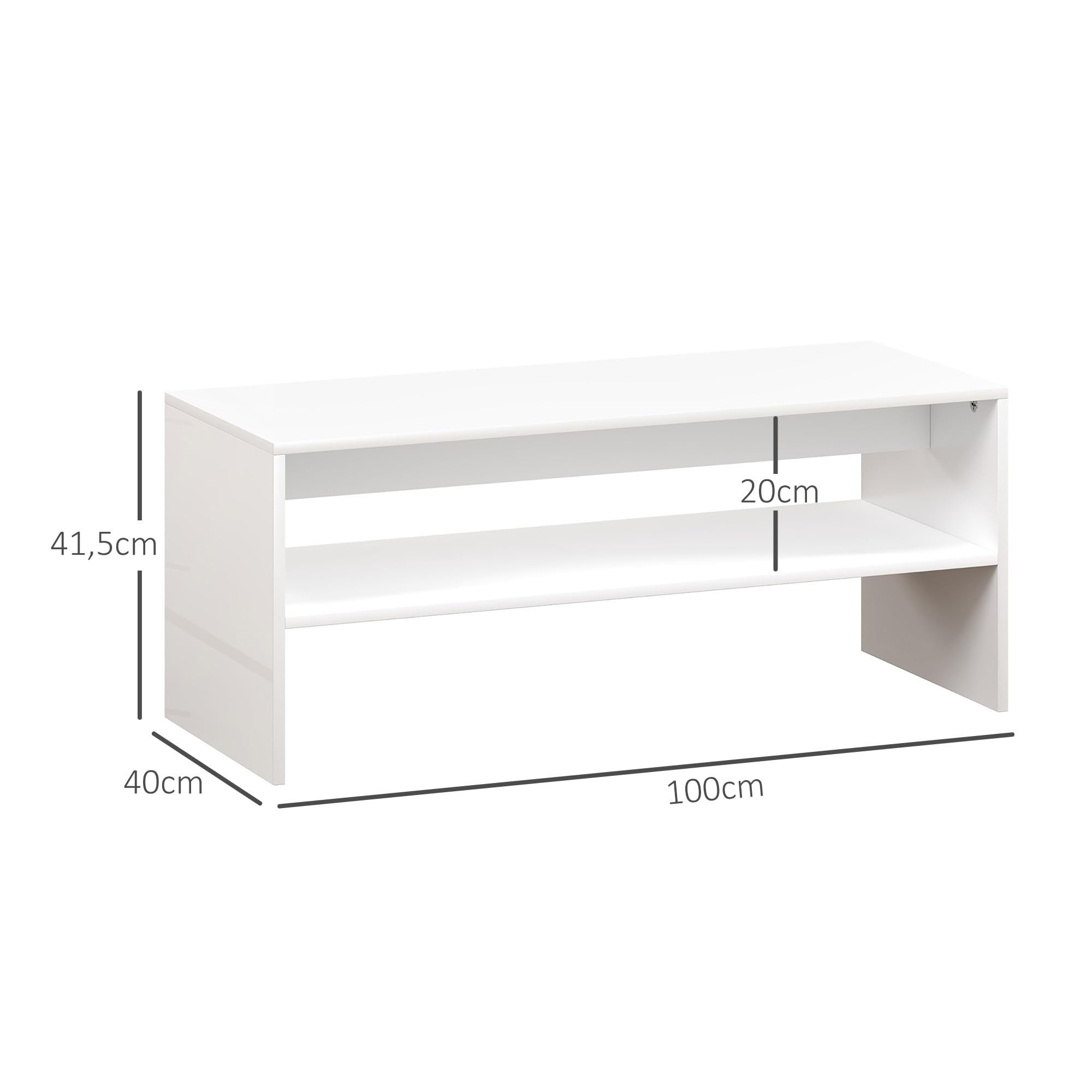 HOMCOM Mesa de Centro Mueble Auxiliar con Compartimento Abierto Mesa de Café para Salón Comedor 100x40x41,5 cm Blanco Brillante