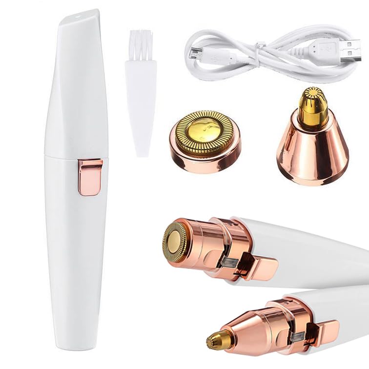 Afeitadora eléctrica 2 en 1 para mujeres, recortadora de cejas, depiladora facial, depilación recargable, sin dolor con dos cabezales extraíbles