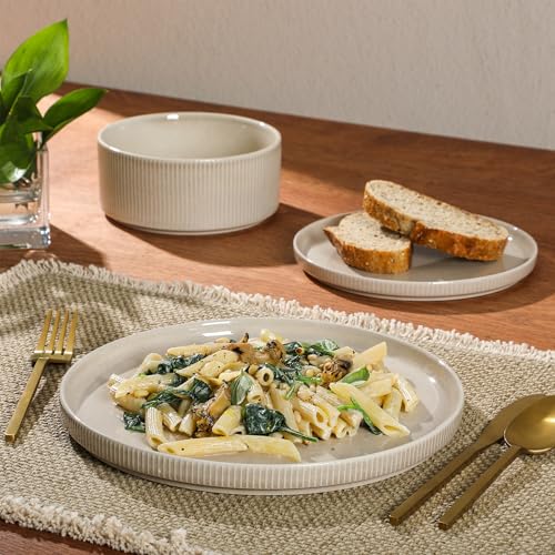 Image of Gibson Elite Solana Coast 12 Piece Stoneware Reactive Glaze (Service for 4) Ceramic Plates and Bowls Modern Shape Embossed Dinnerware Set - Cream White