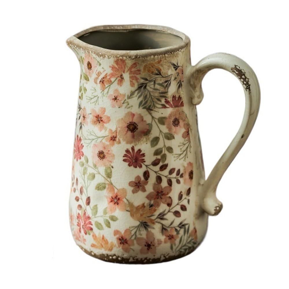B3f7m4r9j2 Pink Vase Vintage Rustic Ceramic Pitcher Vase Decor Hydroponic Fresh Flowers Dried Artificial(,Large)
