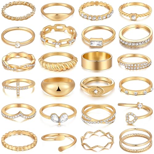 FAXHION 25 PCS Gold Stackable Rings Set for Women, Simple Twist Knuckle Finger Ring Trendy, Dainty Stacking Statement Thumb Rings Pack Jewelry Gift