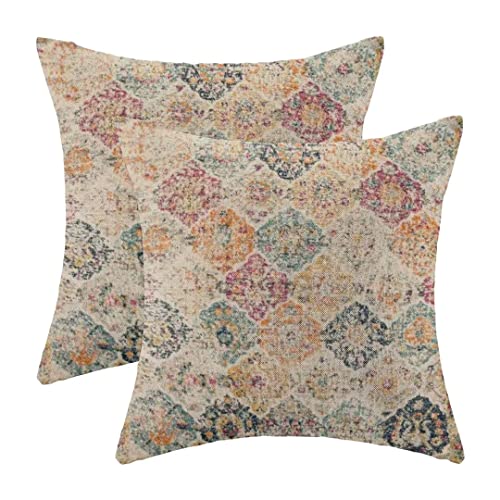 Boho Pillow Covers 18x18 Set of 2 Bohemian Chic Floral Medallion Trellis Decorative Throw Pillow Outdoor Linen Square Colorful Carpet Ethnic Pattern Cushion Cover Decor for Home Couch Sofa