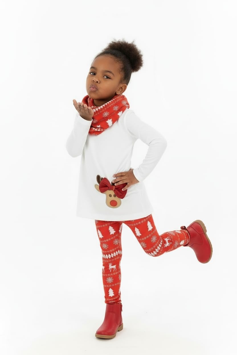 Unique Baby Girls Kids Toddler 3pc Outfit Set Long Sleeve A-Line Tunic Top Leggings and Scarf - Image 3