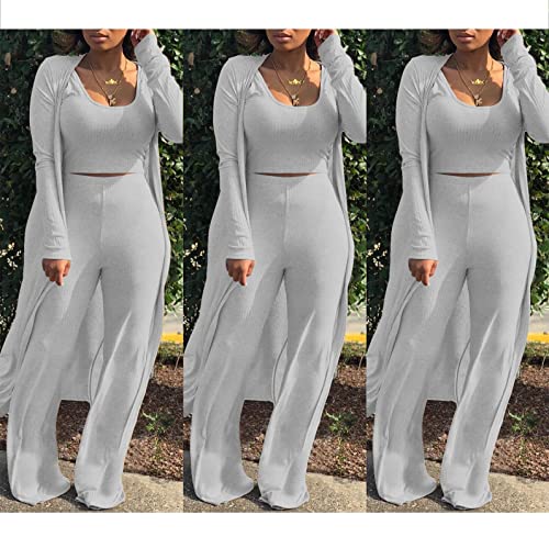 Image of Women's 2 Piece Outfits Set Ribbed Short Sleeve Casual Crop Top Wide Leg Pants Suit Set