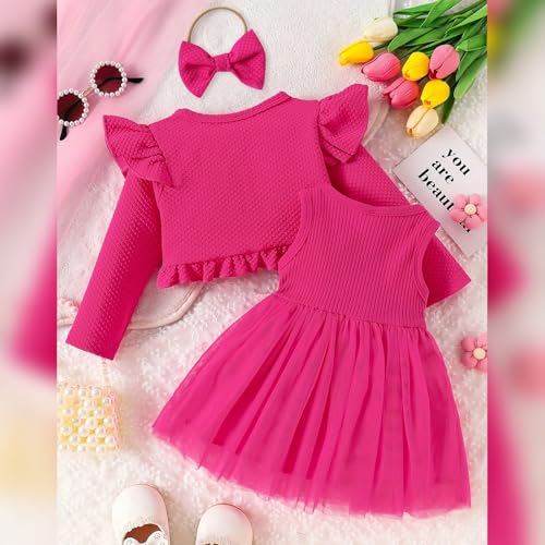 OBEEII Toddler Baby Girls Dress and Cardigan Long Sleeve Bolero Shrug Flower Knit Tutu Dress Fall Outfit with Headband Set3