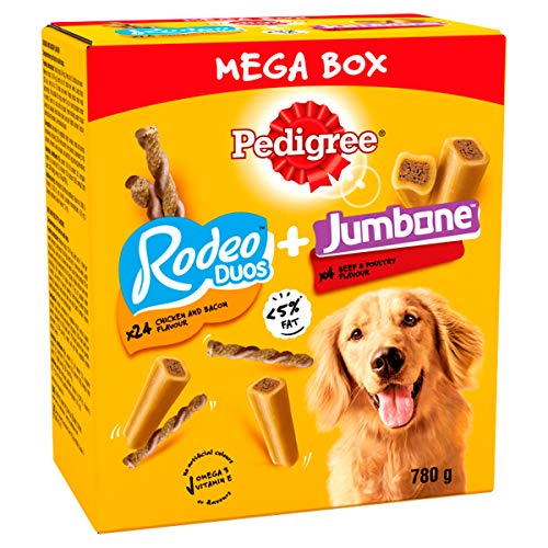Contenuto della confezione: 780 g Pedigree Mega Box per cani con 24 x Rodeo Duos al gusto di pollo e pancetta e 4 jumbone al gusto di manzo e pollame, adatto per cani adulti di tutte le taglie e razze.