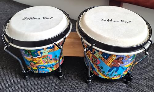 Image of Softline Pro Bongo Drum Set with Tuning Wrench & Padded Professional Wooden Percussion Instrument for Beginner Adults Kids - Natural Skin (SP BNG RC Print)
