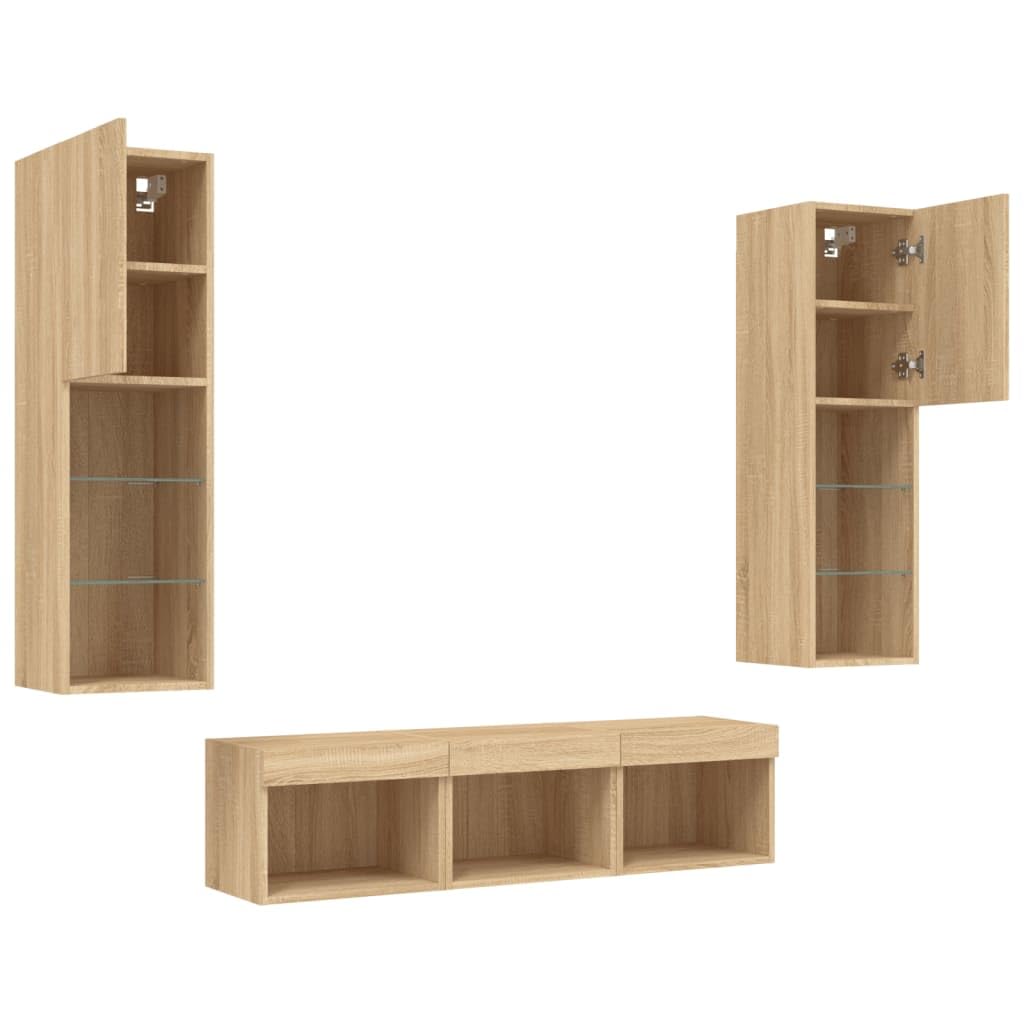 5 piezas de pared con LED RGB Sonoma roble madera de roble cristal colgante TV aparador salón Sonoma 30 x 30 x 120 cm y 40 x 30 x 30 cm diseño moderno para salón, dormitorio, oficina