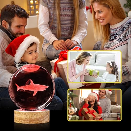 Image of 3D Crystal Ball Night Light with Wooden Base, 3.15 inch Shark Glass Ball Lamp, 16 Colors, Remote Control, Cool Desk Decor
